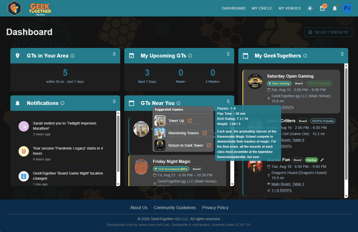 Full : Dark : Dashboard with various gidgets with hover-over pop-out displaying