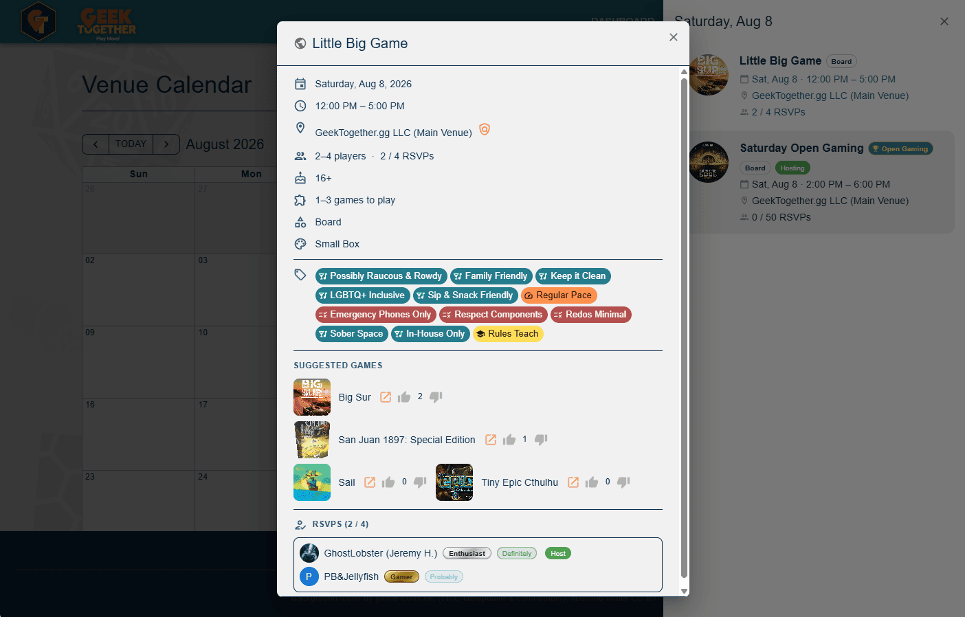Full : Light : Venue Calendar : Game Details with RSVPs